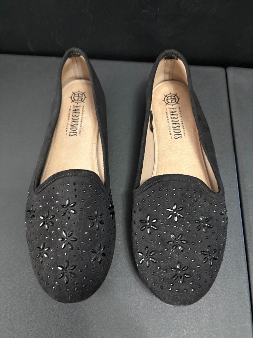 Women’s Black Floral Suede Sequin Slip-On Flats